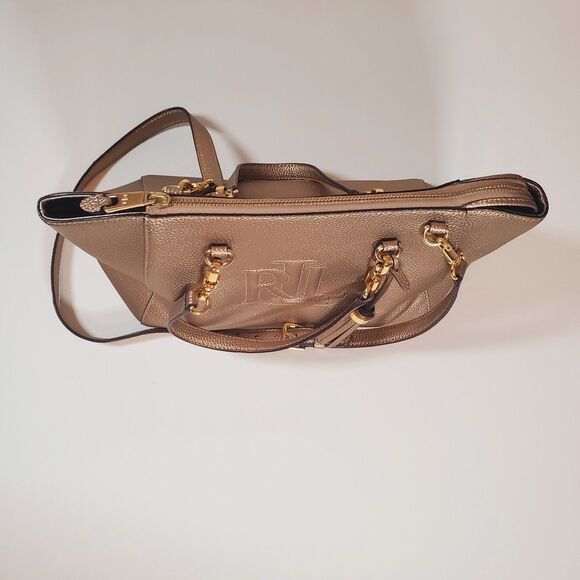 Ralph Lauren Gold Leather Bag Double Handle Medium Satchel Shoulder Strap - Picture 4 of 14